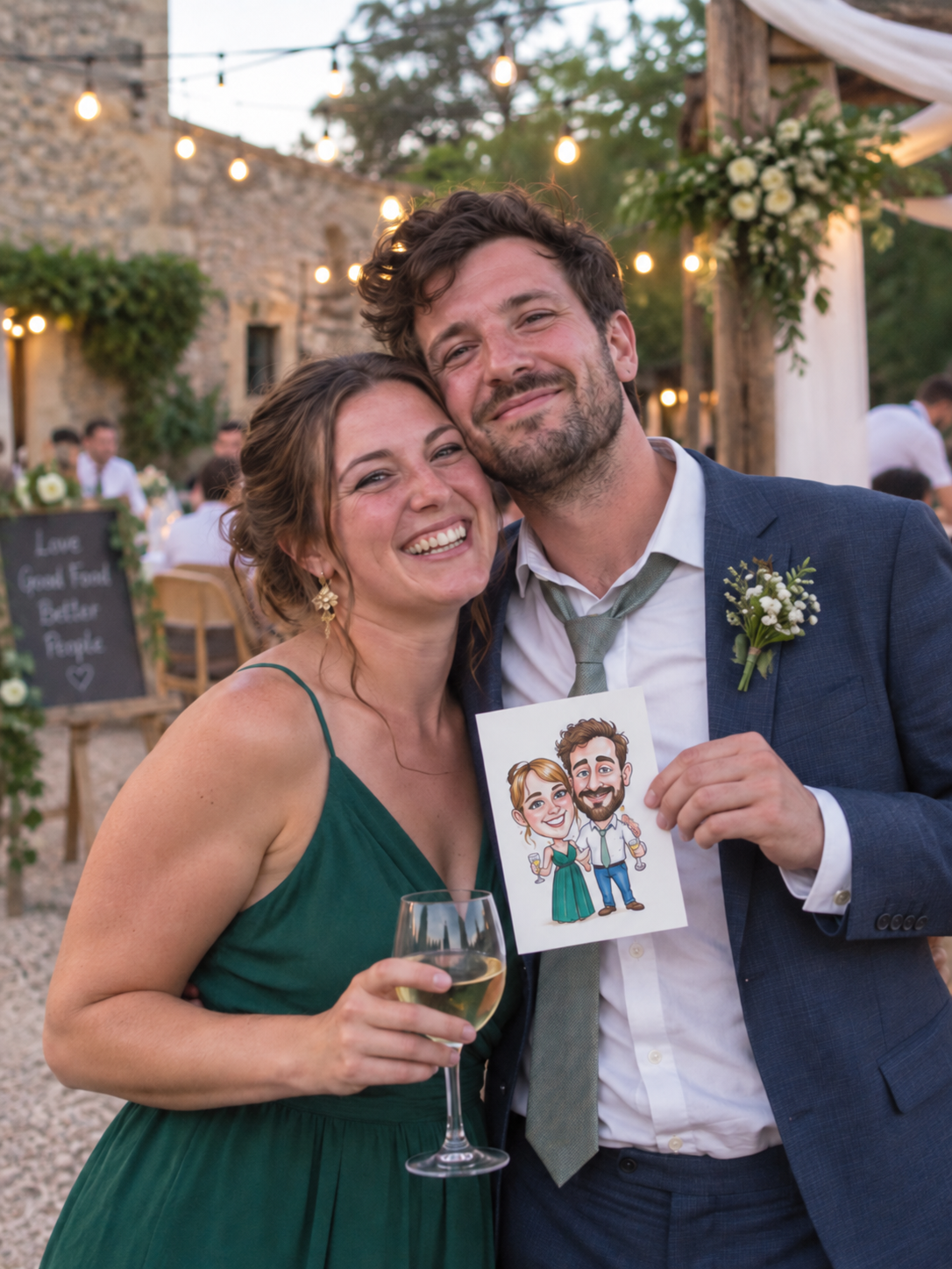 Wedding guests holding a printed custom caricature made at their event