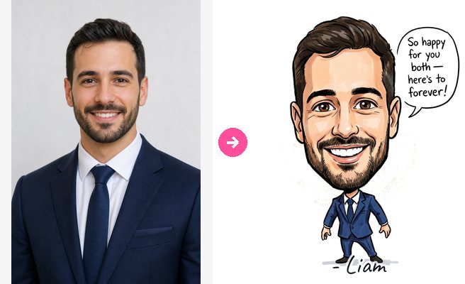 Formal portrait transformed into a personalized caricature with a message
