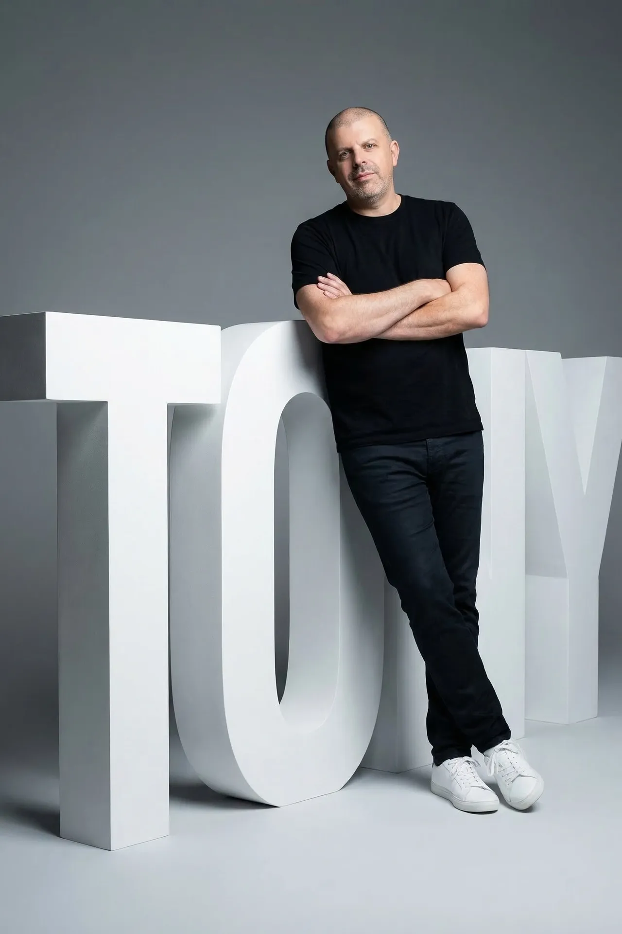 Example AI portrait showing a clean studio-style look with oversized typography props