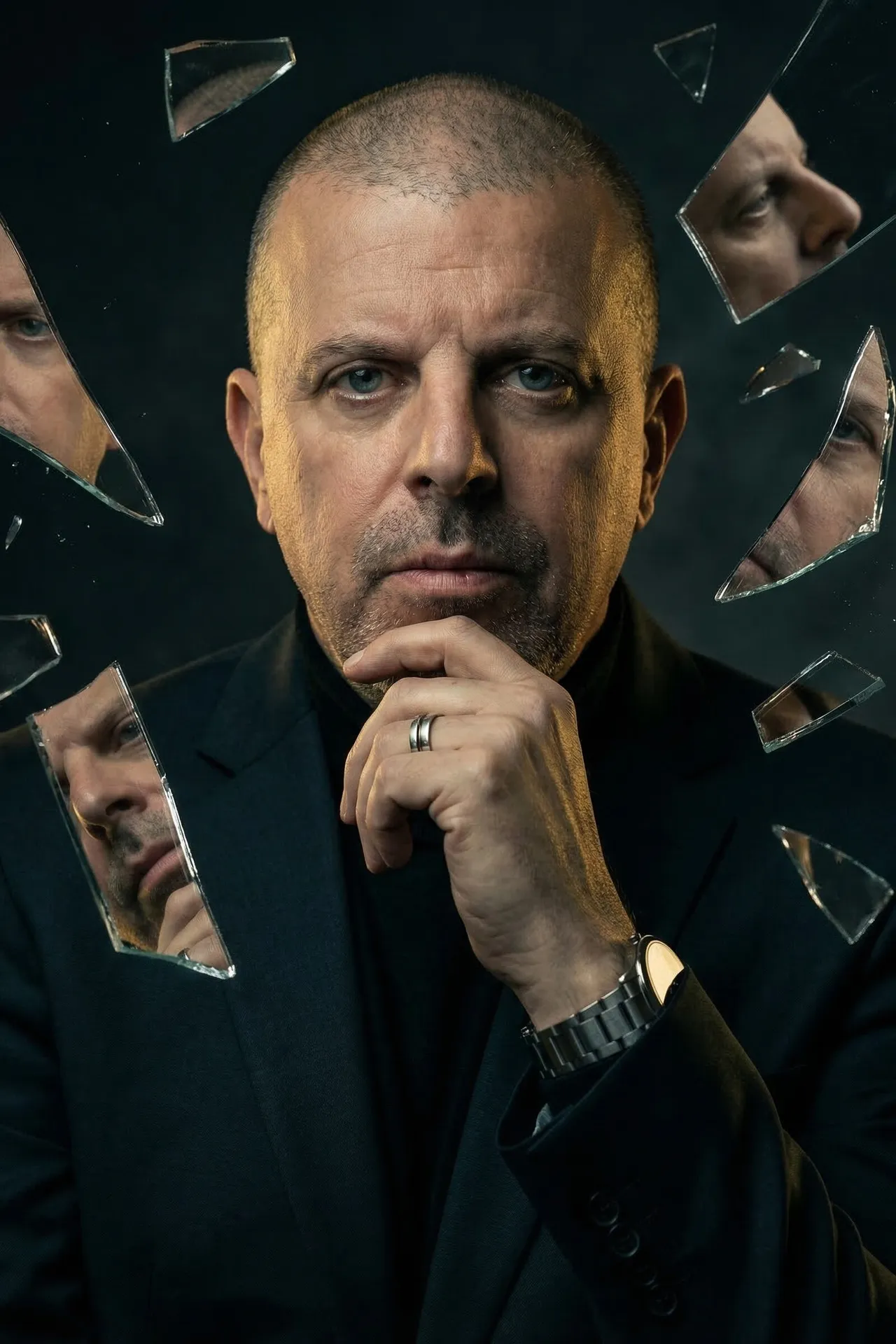 Example AI portrait with a dramatic editorial look and mirrored glass effects
