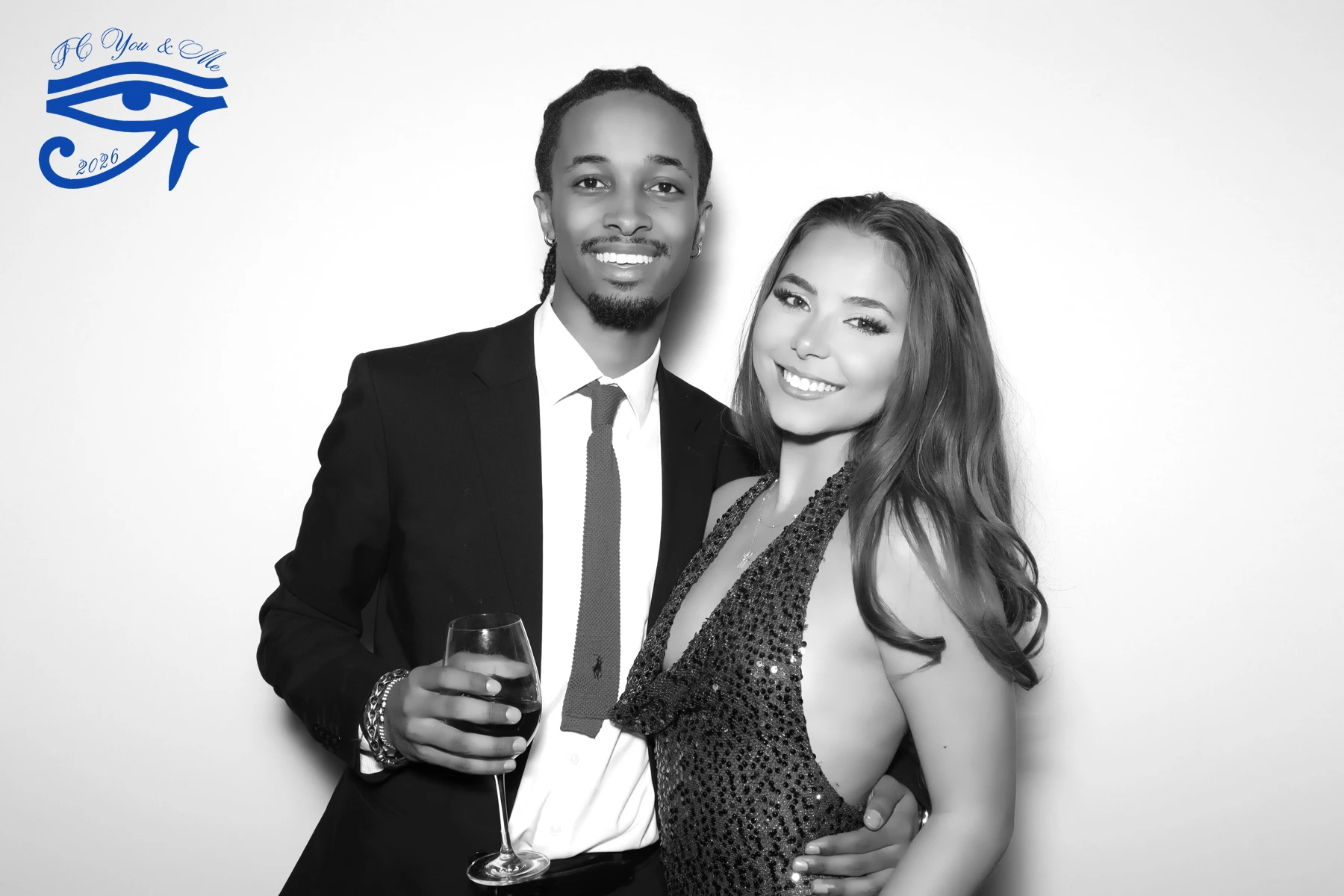 Allure Booth black and white portrait of couple at formal event with custom monogram