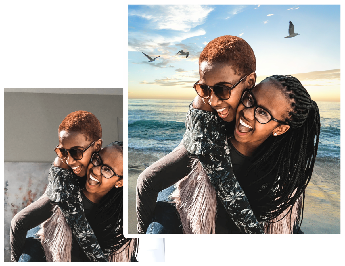 Digital Social Booth sample showing original portrait beside an AI-enhanced beach background result