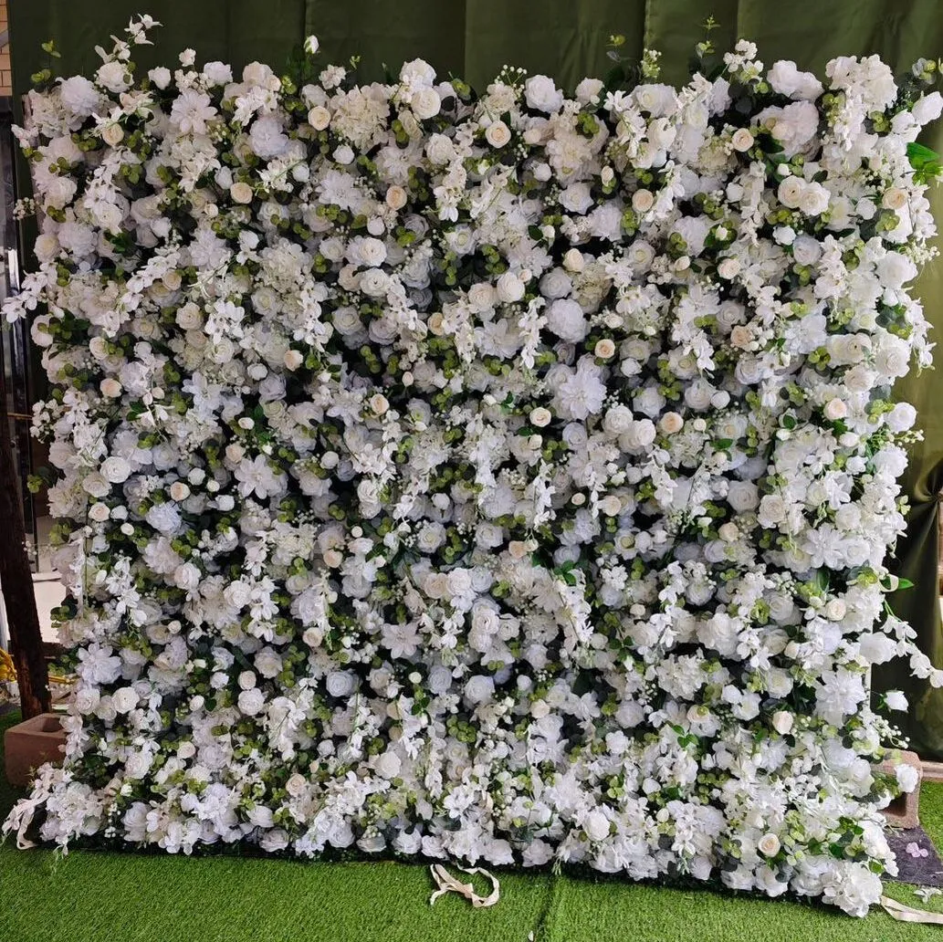 Enchanted Garden style flower wall with layered white blooms and greenery