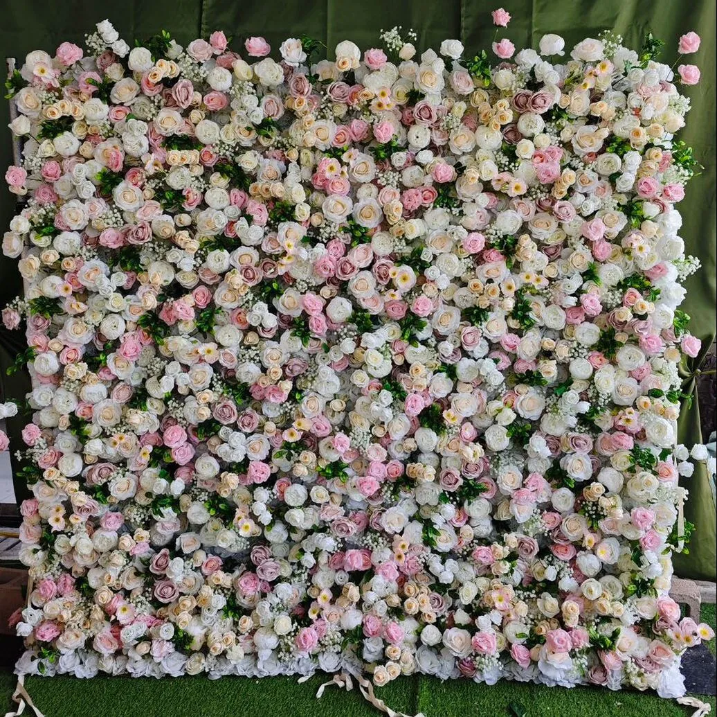 Blushing Romance flower wall with soft pink and ivory rose tones