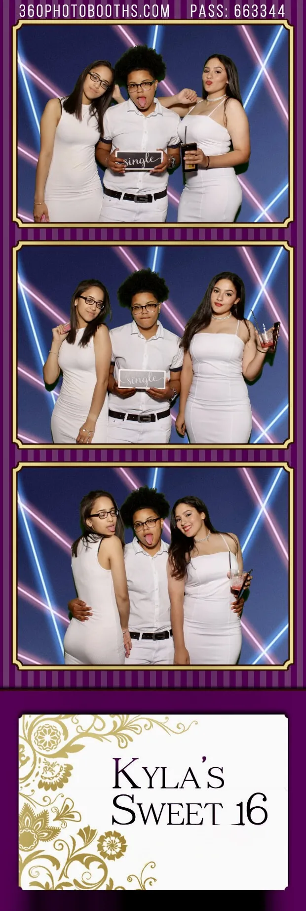 Green screen sample photo strip with neon laser background and Sweet 16 branding