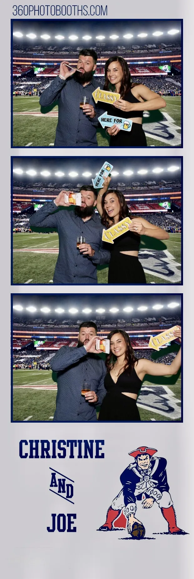 Green screen sample photo strip with stadium background and custom Patriots-style event branding