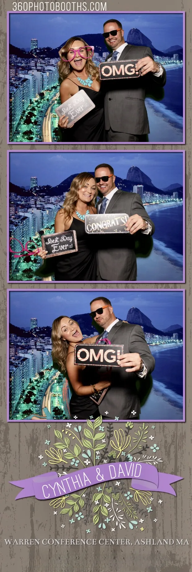 Green screen sample photo strip with tropical city backdrop and custom wedding branding