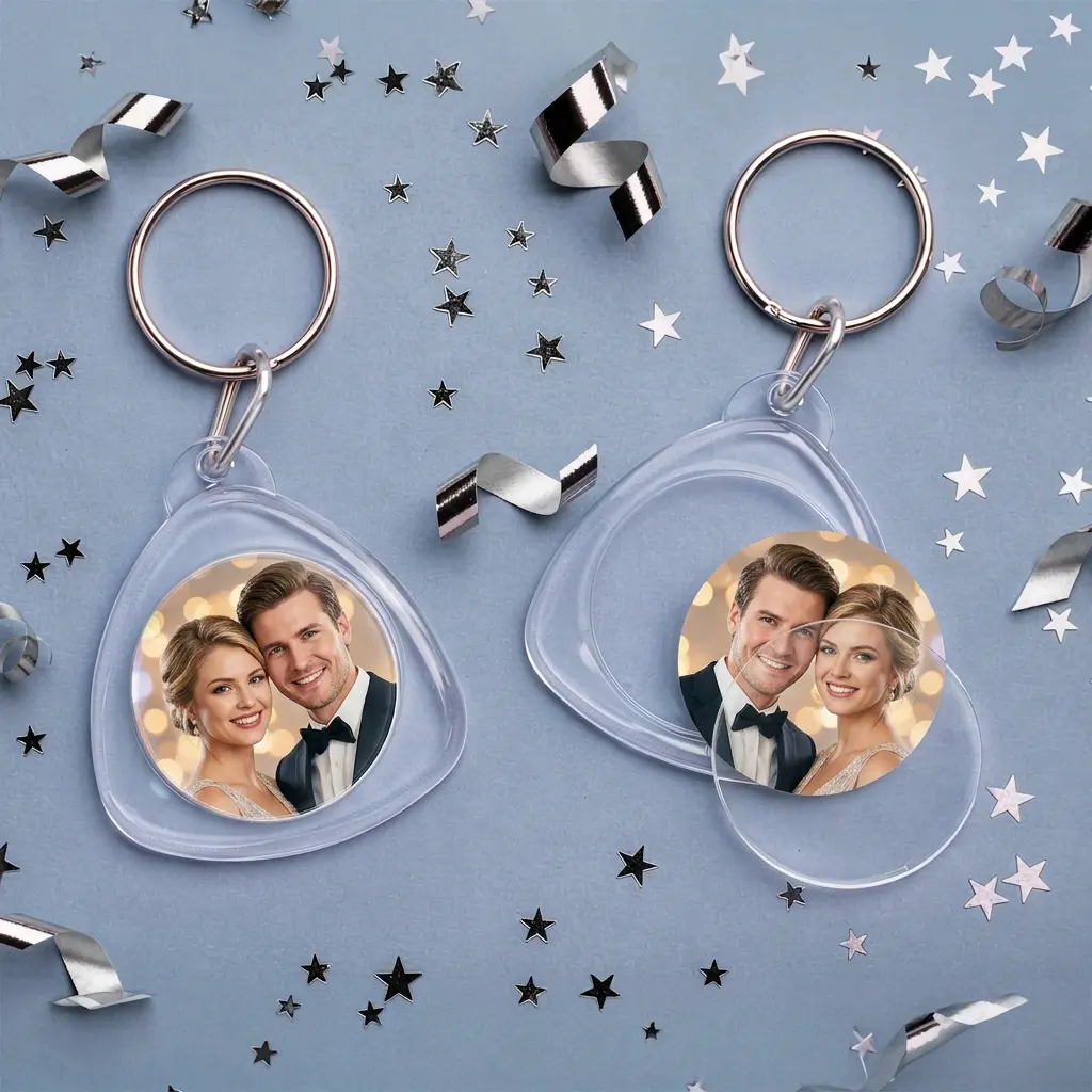 Custom photo keychain favors made on-site at a photo booth event