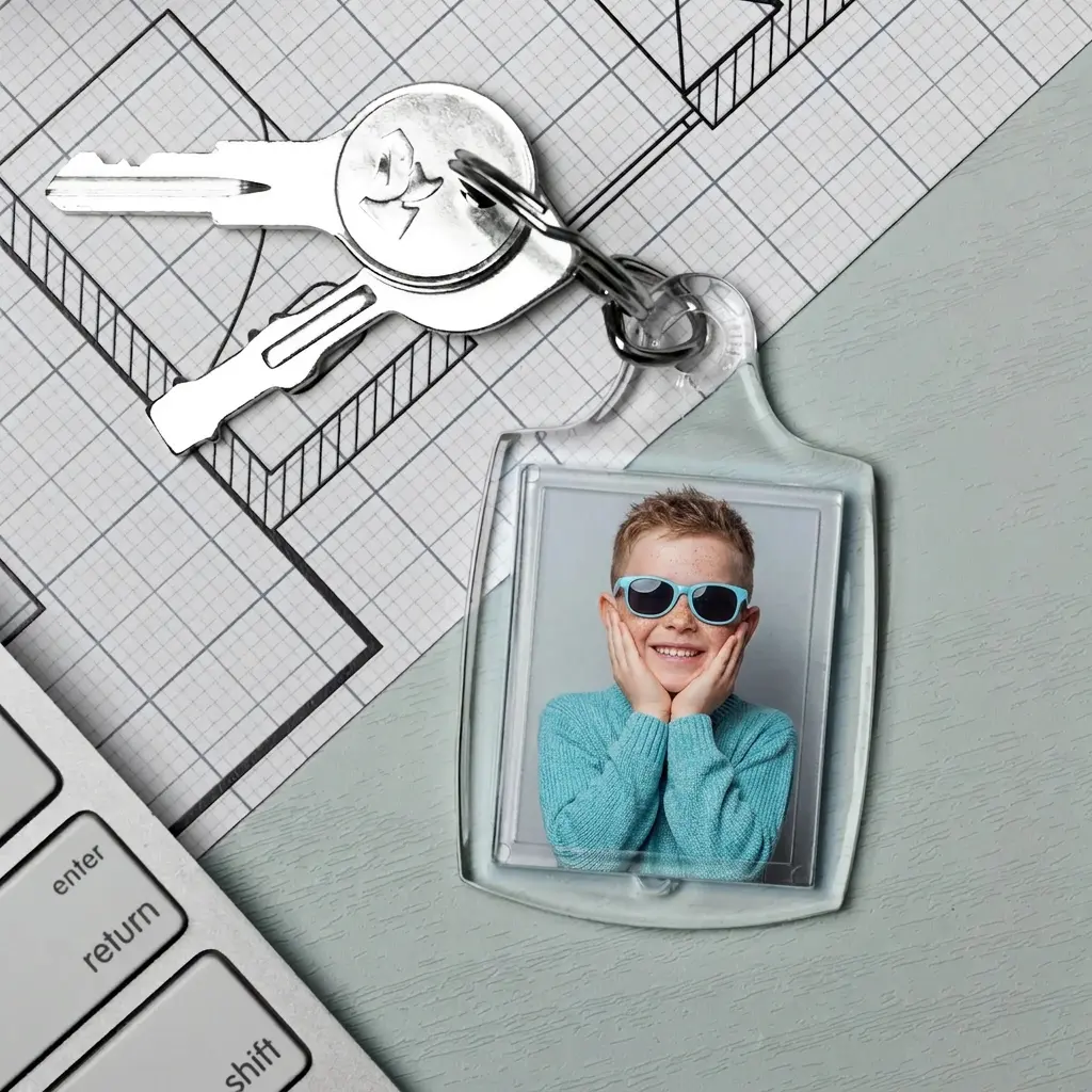 Photo keychain with child portrait — available in multiple styles and sizes