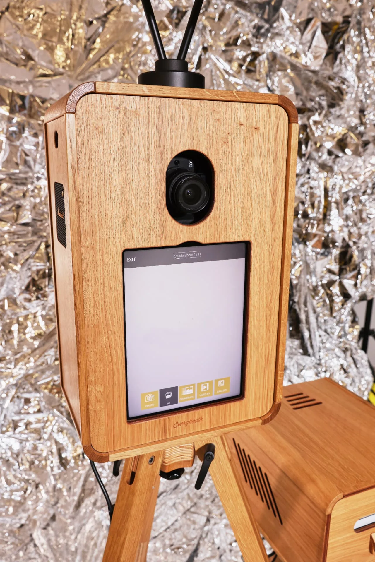 The Lux Booth handcrafted oak photo booth at an elegant event