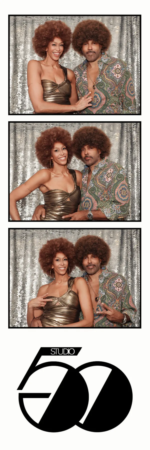 Open backdrop sample photo strip with a silver sequin background and Studio 50 branding