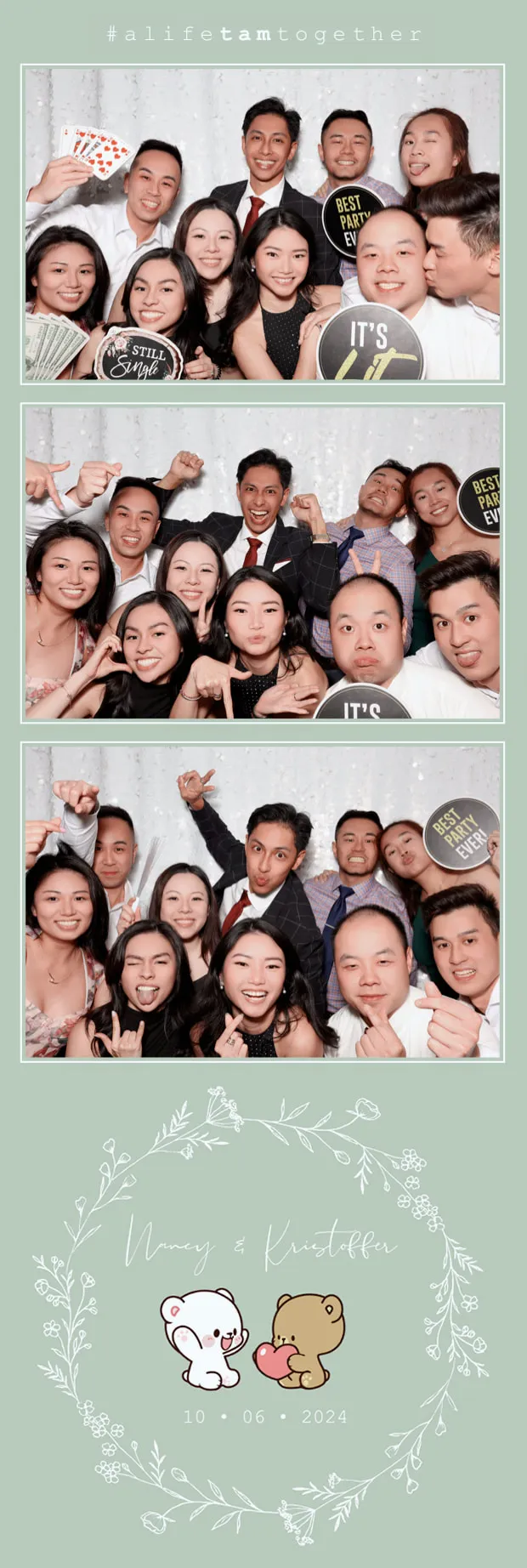 Open backdrop sample photo strip with custom wedding branding and group portraits