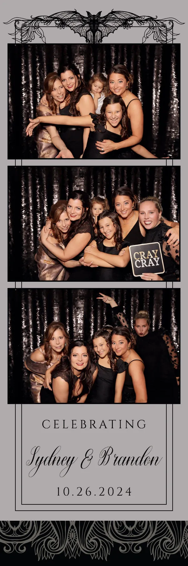 Open backdrop sample photo strip with elegant custom event branding and black sequin backdrop