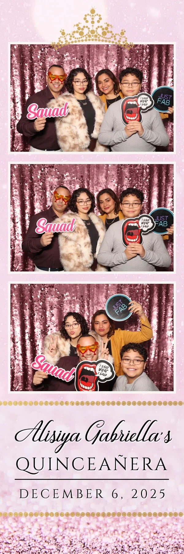 Open backdrop sample 2x6 photo strip with pink sequin backdrop and custom Quinceañera branding