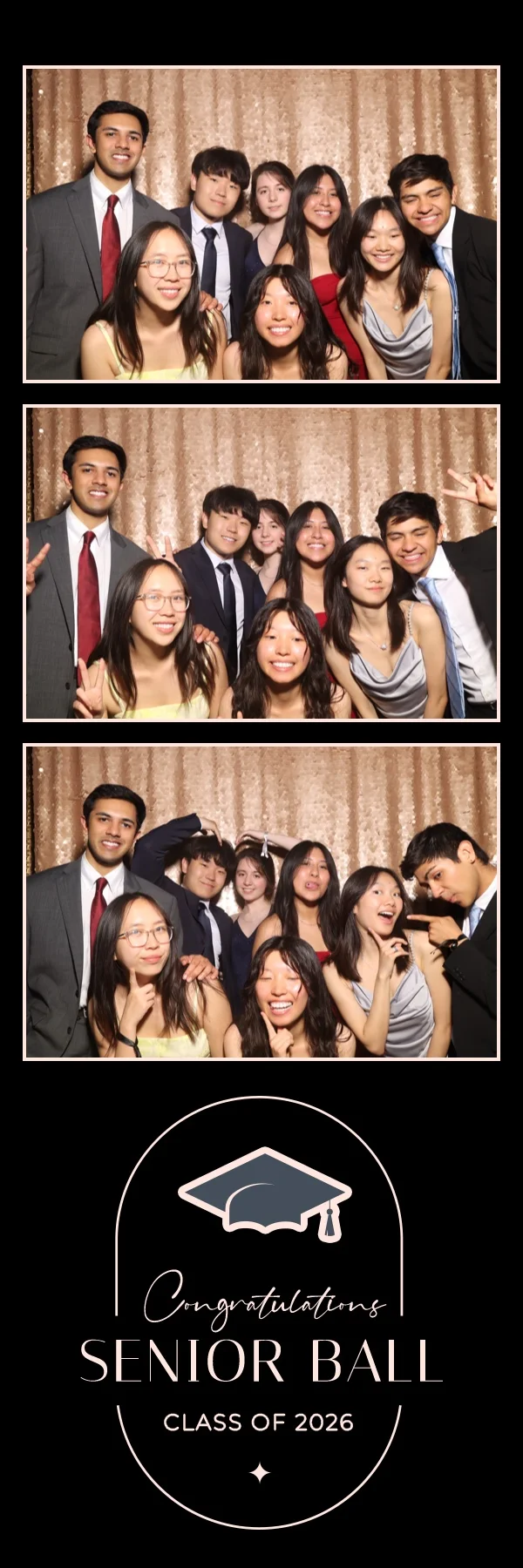 Open backdrop sample 2x6 photo strip with rose gold sequin backdrop and Senior Ball Class of 2026 branding