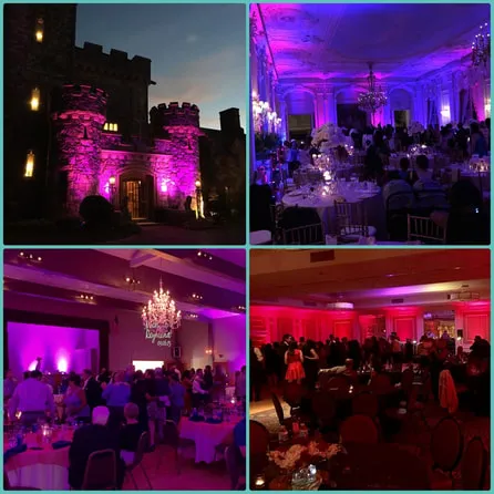 collage of event uplighting setups for weddings and venues in Boston